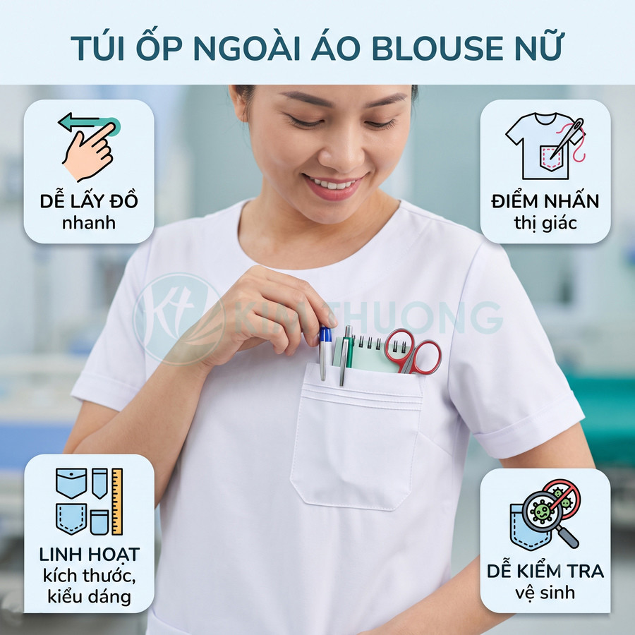Túi ốp ngoài áo blouse nữ màu trắng đựng bút và dụng cụ y tế tiện lợi