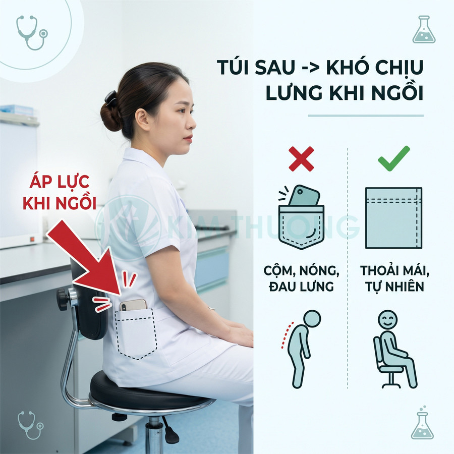 Điện thoại thông minh trong túi sau áo blouse gây áp lực lưng khi ngồi so sánh với túi sau phẳng thoải mái