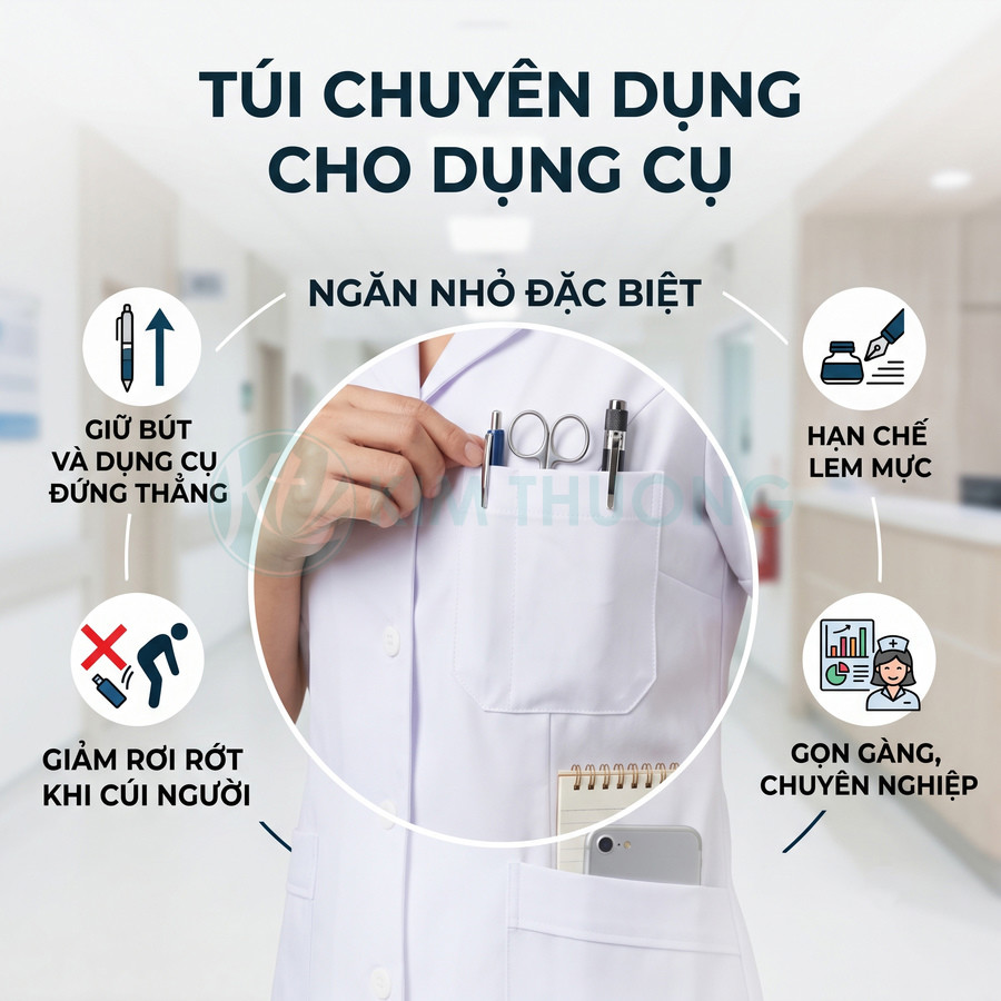 Áo blouse bác sĩ với túi chuyên dụng cài bút và dụng cụ y tế gọn gàng, hạn chế rơi rớt và lem mực