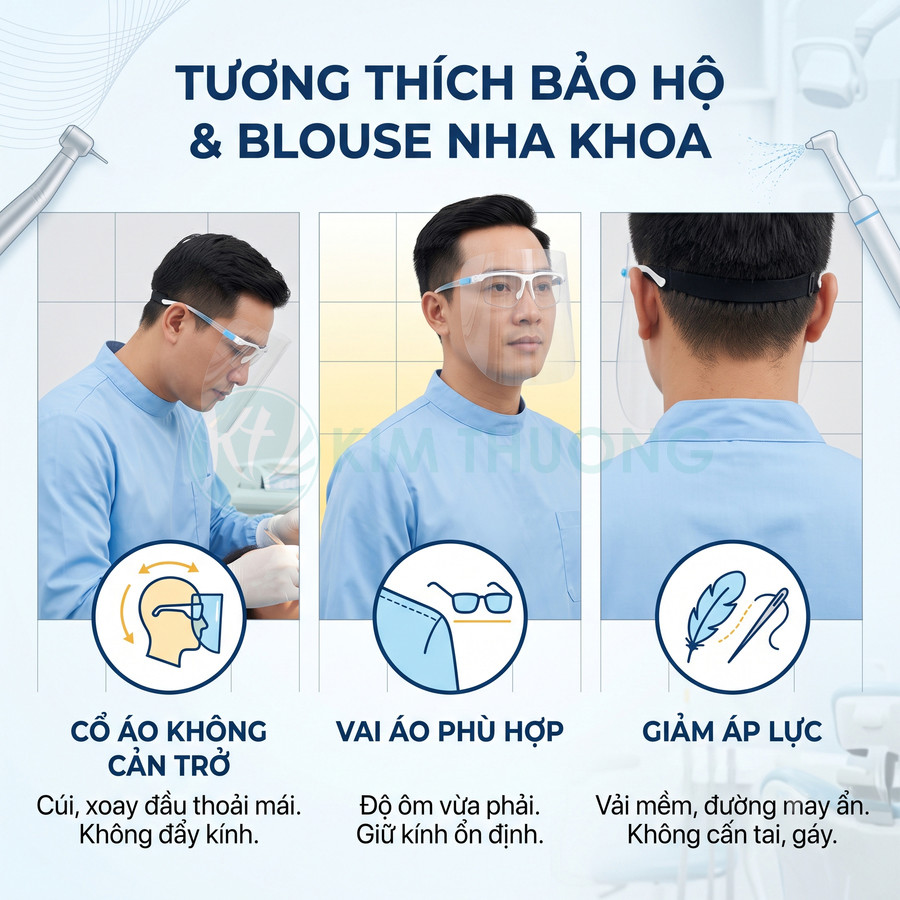 Bác sĩ nha khoa đeo kính bảo hộ trong áo blouse xanh, cổ và vai áo thiết kế thoải mái giảm áp lực khi làm việc