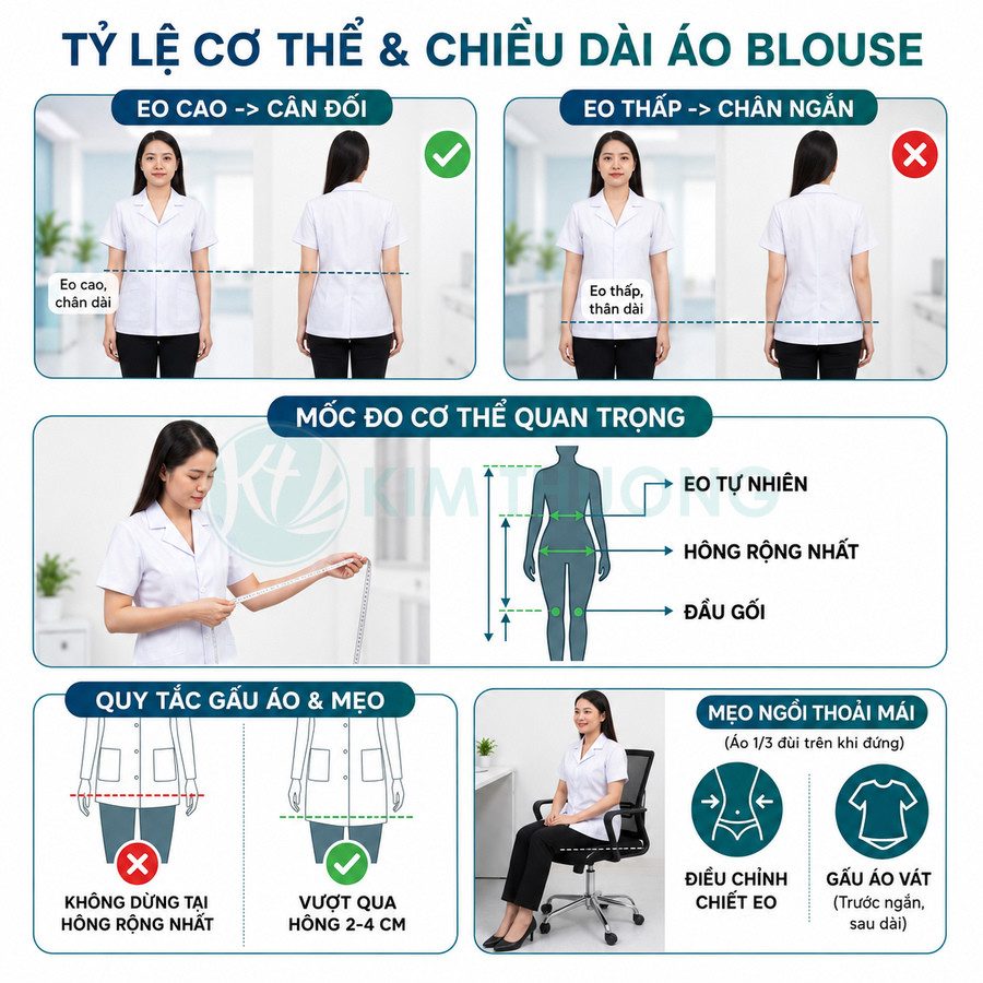 Hướng dẫn chọn chiều dài áo blouse y tế nữ, cách đo cơ thể và chỉnh eo để mặc thoải mái
