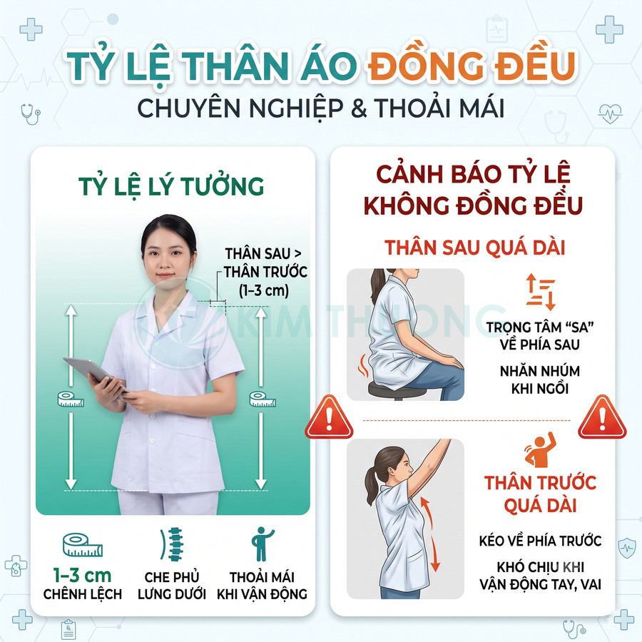 Hướng dẫn chọn tỷ lệ thân áo đồng phục y tế chuẩn, thân sau dài hơn thân trước 1–3 cm để mặc thoải mái khi vận động