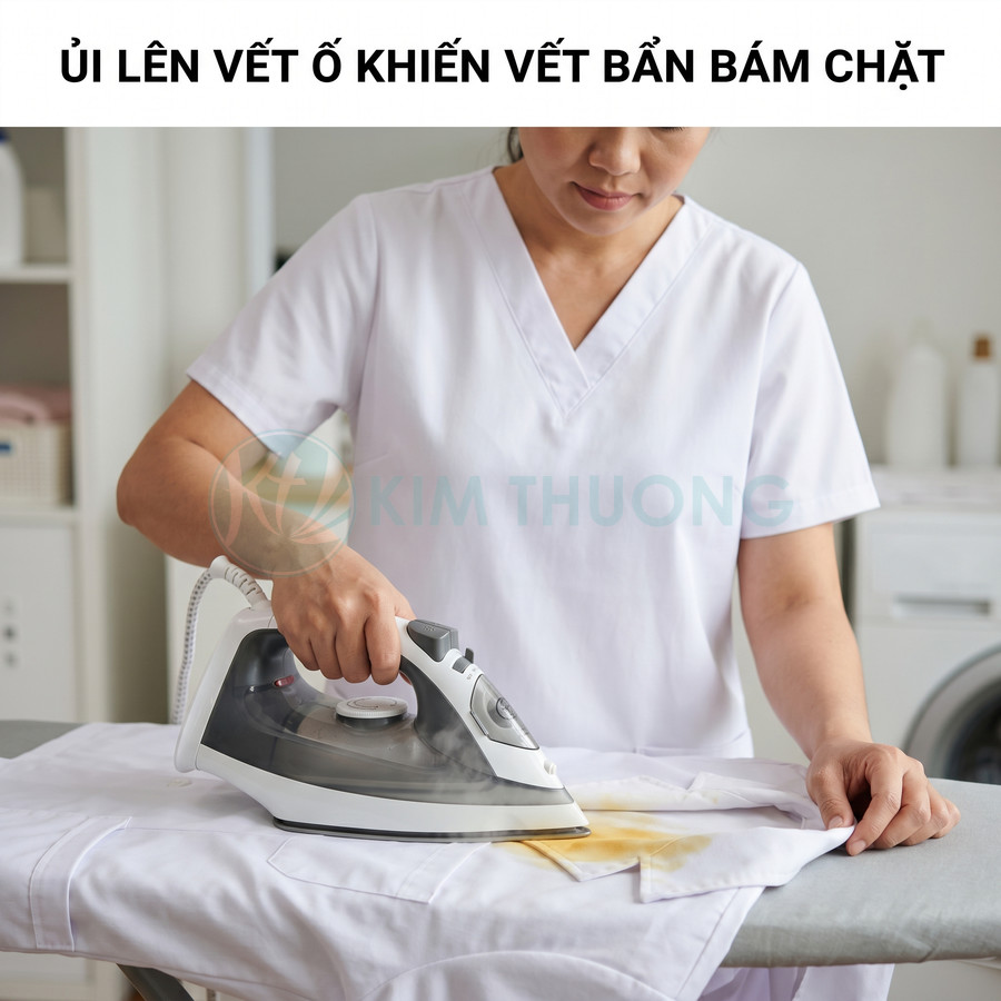 Người phụ nữ dùng bàn ủi hơi nước ủi lên áo trắng dính vết bẩn vàng