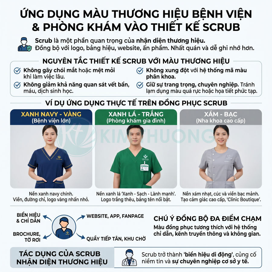 Đồng phục scrub y tế màu xanh navy, xanh lá và xám bạc cho bệnh viện, phòng khám và nha khoa cao cấp