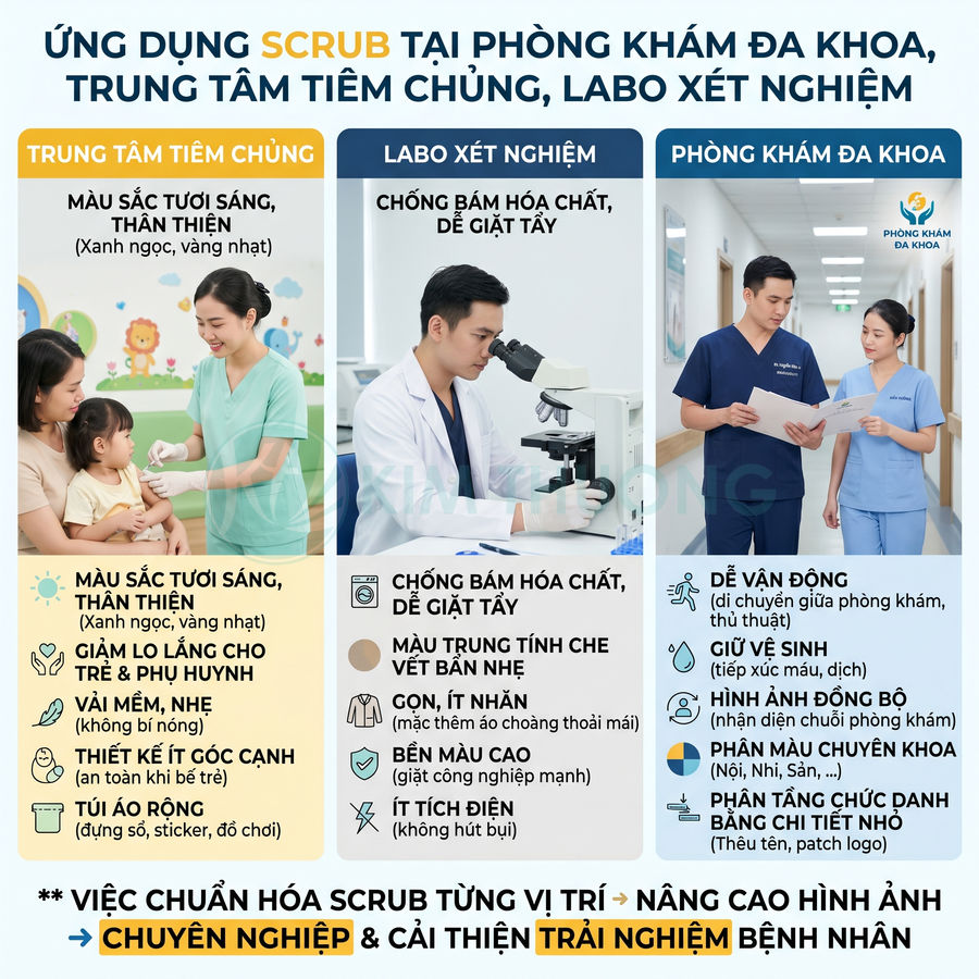 Đồng phục scrub y tế cho trung tâm tiêm chủng, labo xét nghiệm và phòng khám đa khoa với màu sắc và tính năng chuyên dụng
