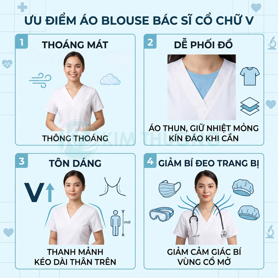 Ưu điểm áo blouse bác sĩ cổ chữ V màu trắng, chất liệu thoáng mát, tôn dáng và dễ phối cùng trang bị y tế