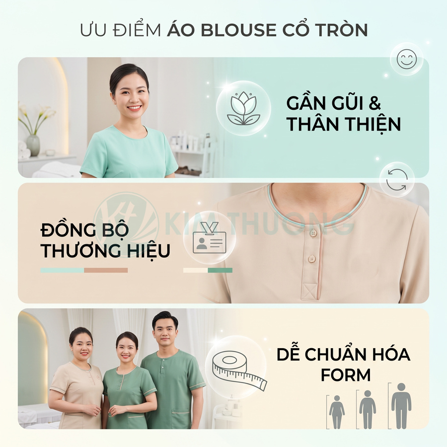 Ưu điểm áo blouse cổ tròn màu pastel cho nhân viên spa, thiết kế thân thiện, đồng bộ thương hiệu, dễ chuẩn hóa form