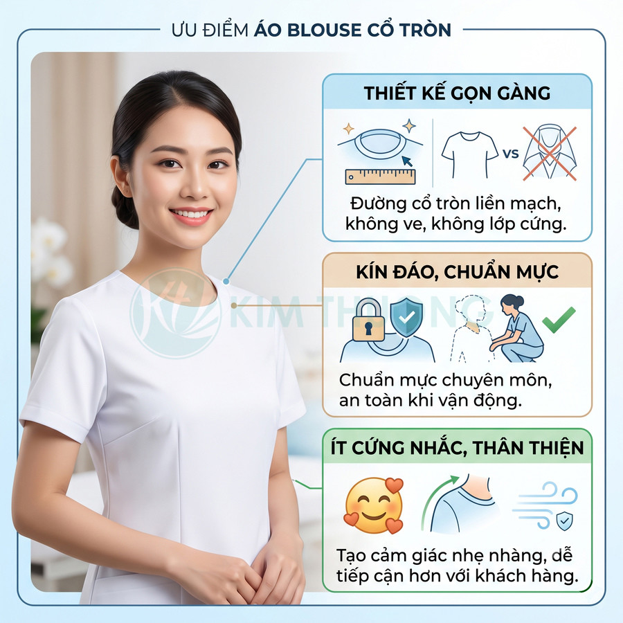 Áo blouse cổ tròn trắng cho nhân viên y tế, thiết kế gọn gàng kín đáo, chất liệu mềm tạo cảm giác thân thiện