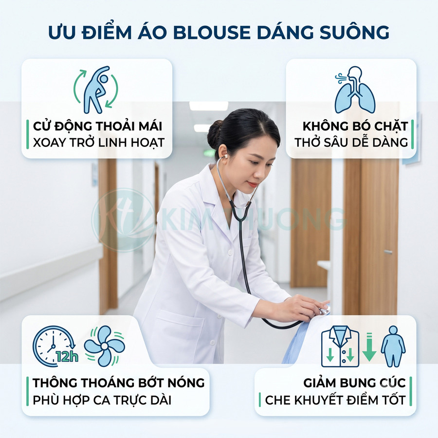 Bác sĩ nữ mặc áo blouse dáng suông màu trắng đang làm việc trong hành lang bệnh viện
