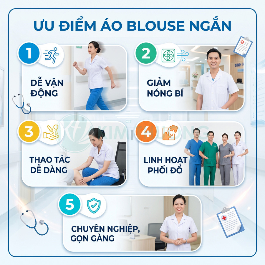 Ưu điểm áo blouse ngắn cho nhân viên y tế, dễ vận động, thoáng mát, linh hoạt phối đồ, chuyên nghiệp gọn gàng