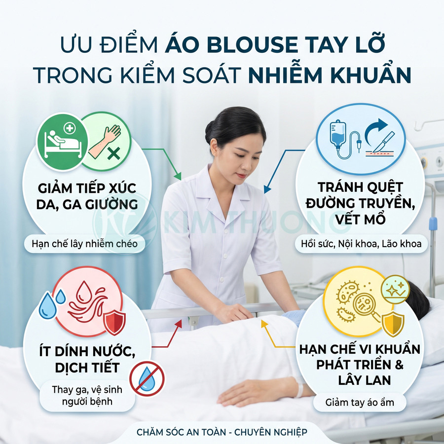 Điều dưỡng mặc áo blouse tay lỡ chăm sóc bệnh nhân trên giường bệnh, nhấn mạnh ưu điểm kiểm soát nhiễm khuẩn