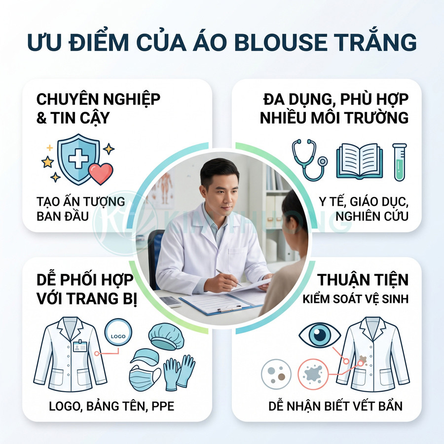 Ưu điểm áo blouse trắng cho bác sĩ: chuyên nghiệp, đa dụng, dễ phối hợp trang bị và thuận tiện kiểm soát vệ sinh