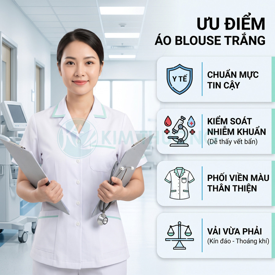 Nữ y tá mặc áo blouse trắng phối viền xanh cầm hồ sơ y tế trong bệnh viện hiện đại