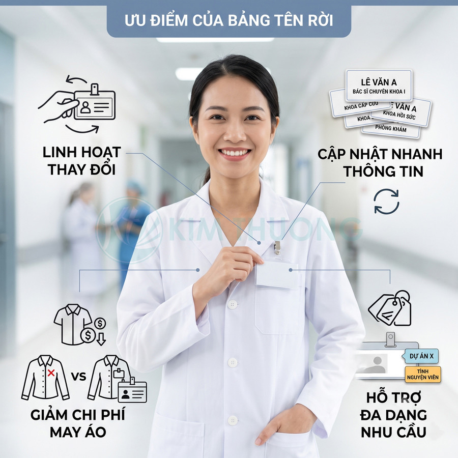 Bác sĩ mặc áo blouse trắng cài bảng tên rời trên túi áo, minh họa ưu điểm bảng tên linh hoạt và tiết kiệm chi phí