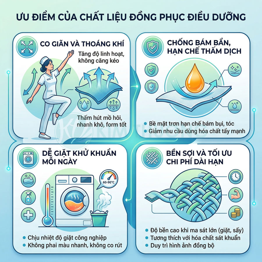 Ưu điểm chất liệu vải đồng phục điều dưỡng co giãn thoáng khí chống bám bẩn dễ giặt khử khuẩn bền sợi tiết kiệm chi phí