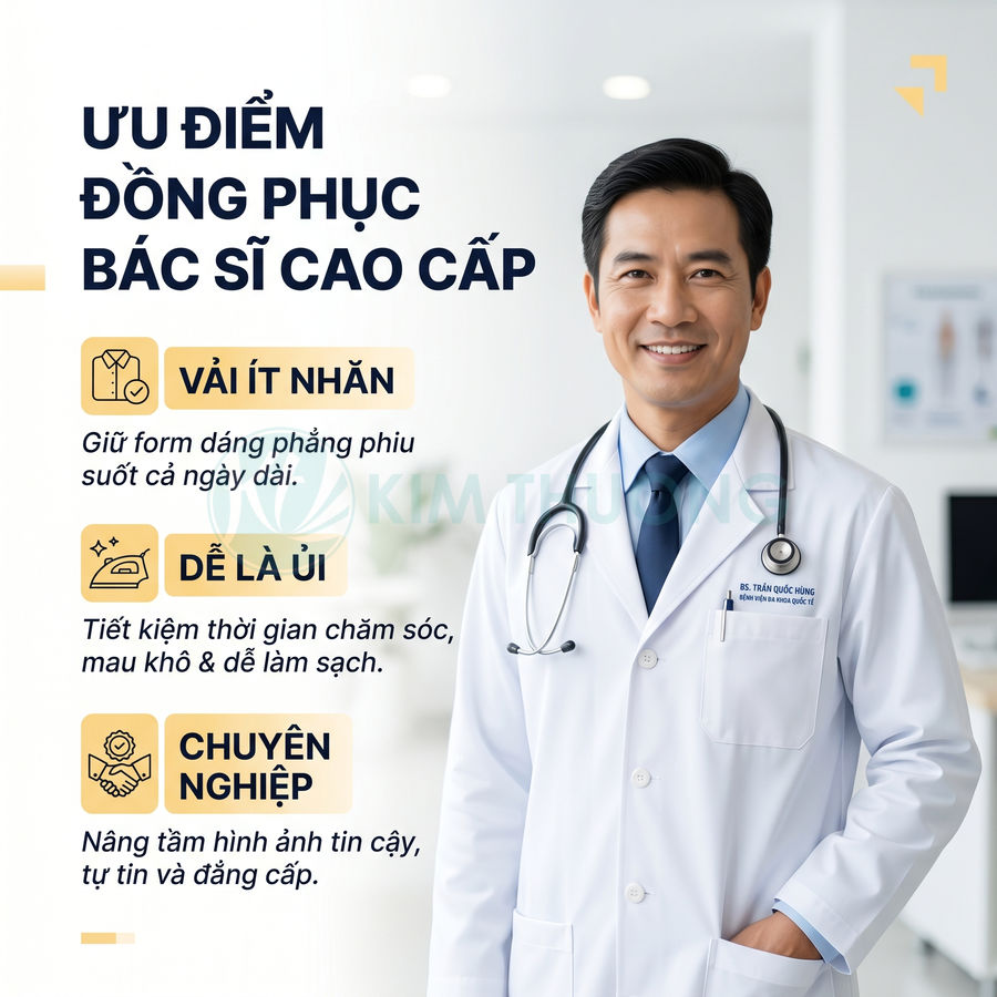 Đồng phục bác sĩ cao cấp màu trắng, vải ít nhăn dễ là ủi, tôn vẻ chuyên nghiệp và chỉn chu cho bác sĩ nam