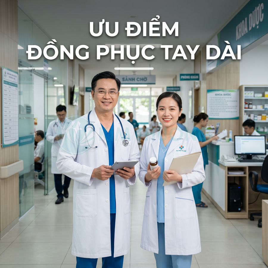 Bác sĩ nam nữ mặc áo blouse tay dài màu trắng đứng trong bệnh viện hiện đại