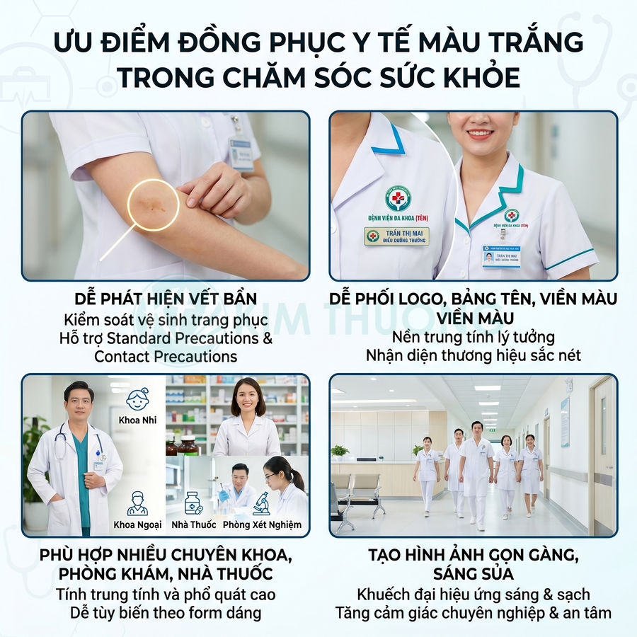 Đồng phục y tế màu trắng cho bác sĩ và điều dưỡng trong bệnh viện, thiết kế đơn giản, sạch sẽ, chuyên nghiệp
