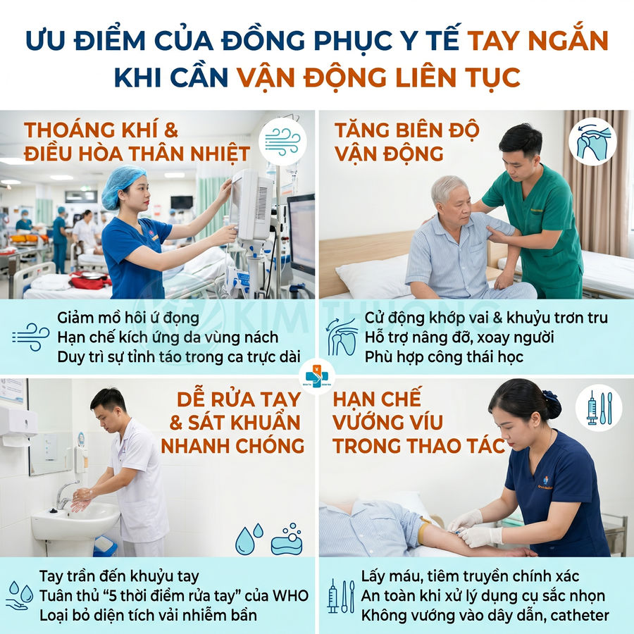 Ưu điểm đồng phục y tế tay ngắn cho điều dưỡng và bác sĩ khi vận động, rửa tay sát khuẩn, thao tác điều trị