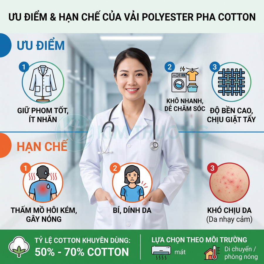 Bác sĩ mặc áo blouse vải polyester pha cotton, minh họa ưu điểm và hạn chế của chất liệu vải này