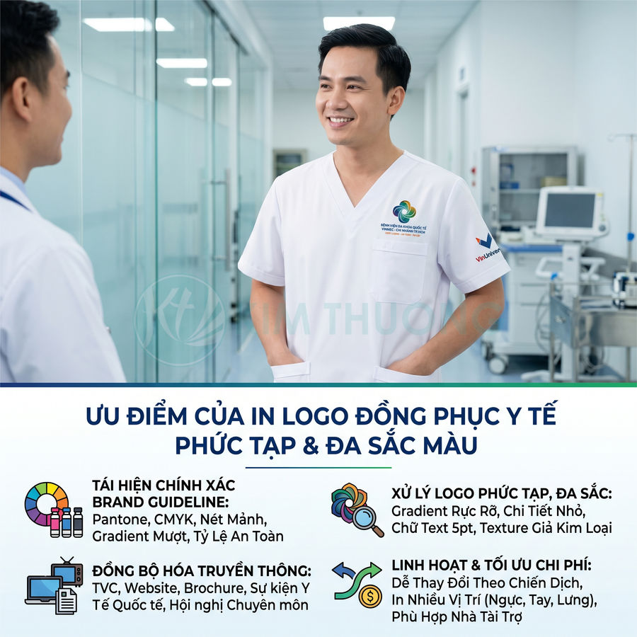 Bác sĩ mặc đồng phục y tế trắng in logo nhiều màu sắc đứng trong phòng khám hiện đại