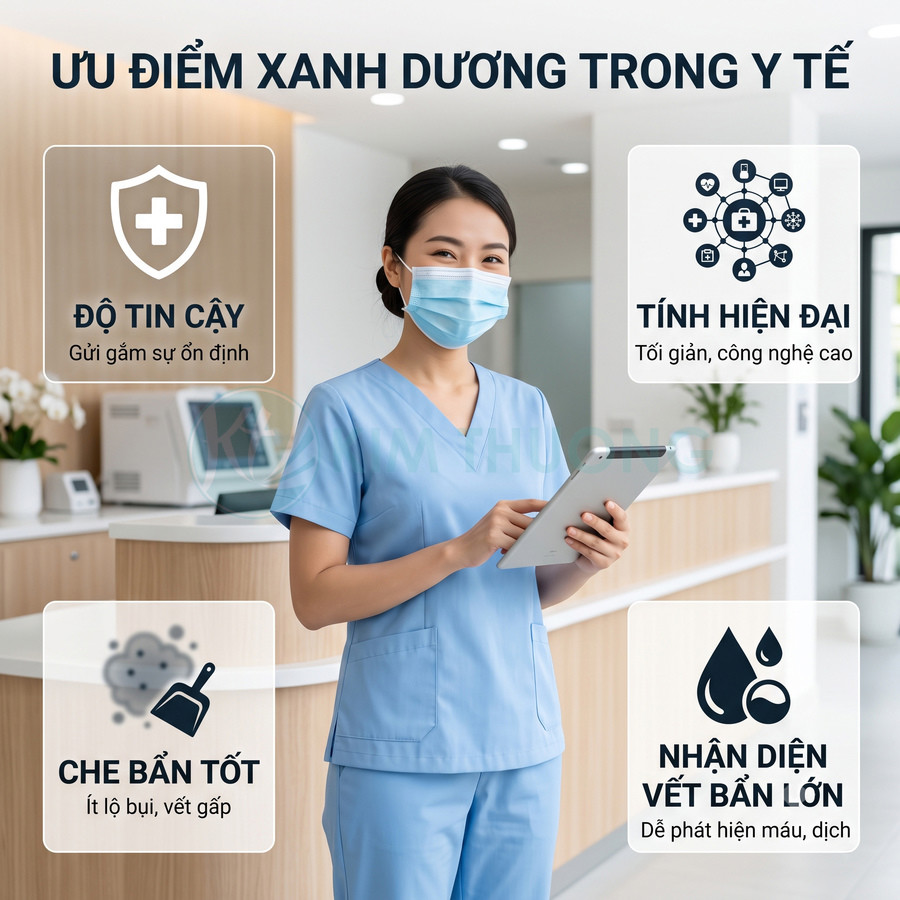 Điều dưỡng mặc đồng phục y tế màu xanh dương cầm máy tính bảng trong bệnh viện hiện đại