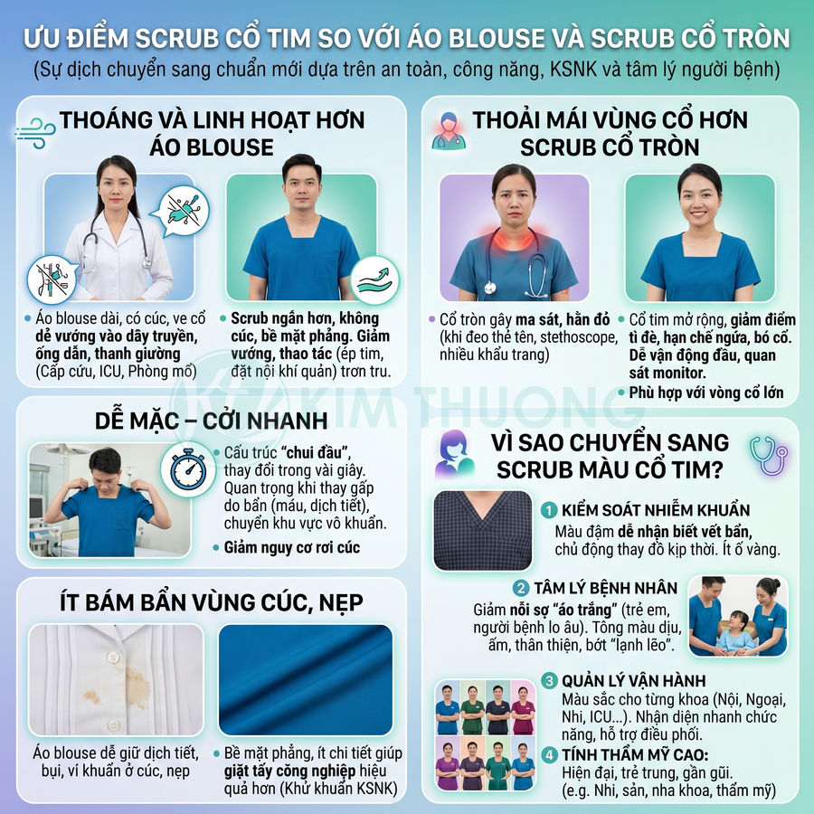 Infographic so sánh ưu điểm áo scrub cổ tim với áo blouse và scrub cổ tròn cho nhân viên y tế