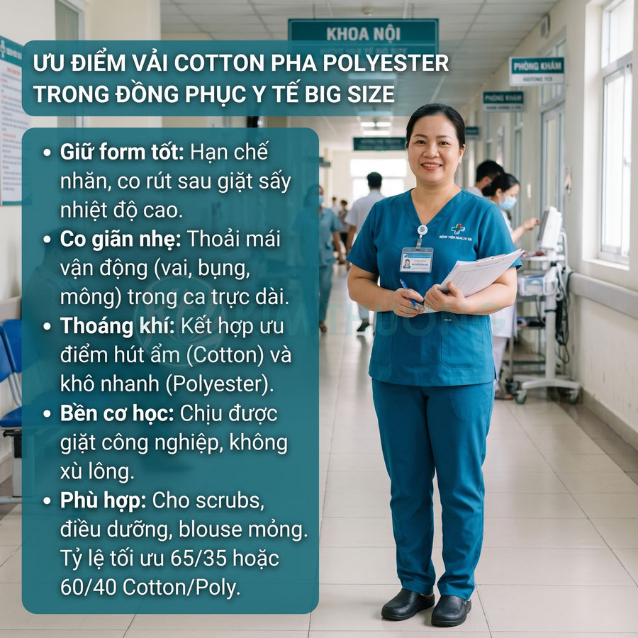 Đồng phục y tế big size vải cotton pha polyester màu xanh, nữ điều dưỡng đứng trong hành lang bệnh viện