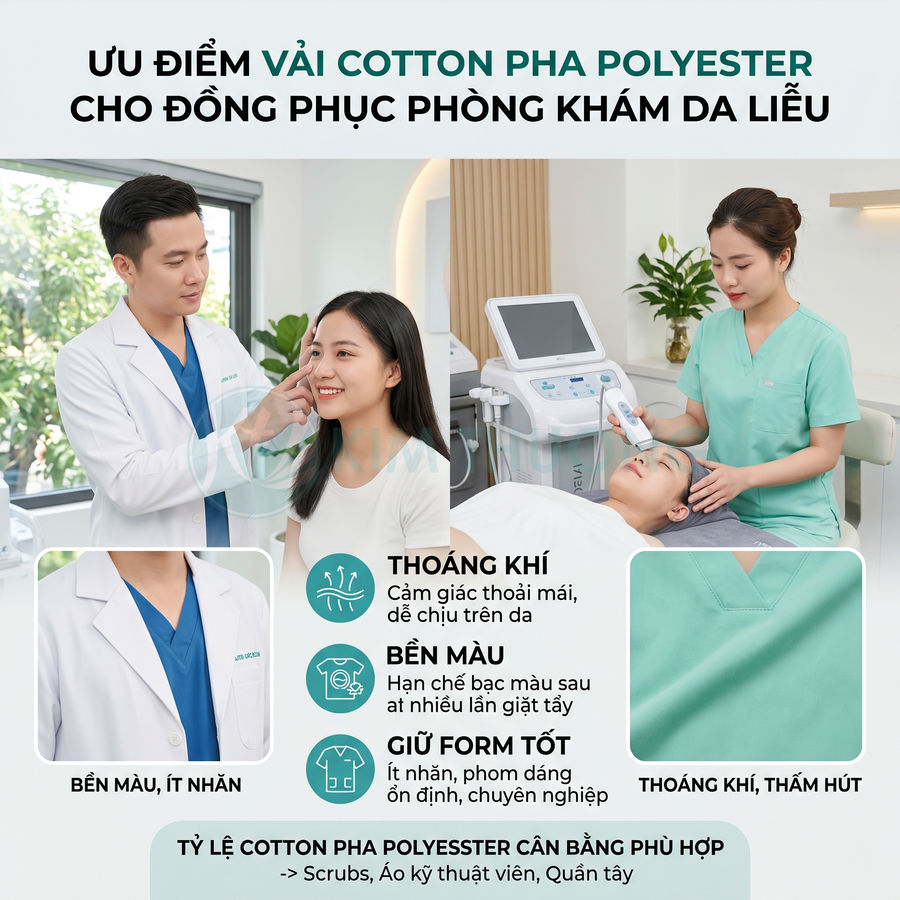 Đồng phục phòng khám da liễu vải cotton pha polyester màu xanh ngọc, thoáng khí, bền màu, giữ form tốt
