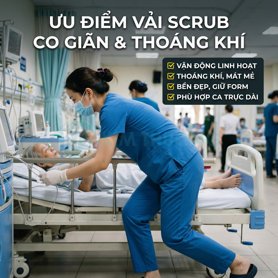 Điều dưỡng mặc đồng phục scrub xanh co giãn thoáng khí chăm sóc bệnh nhân trên giường bệnh