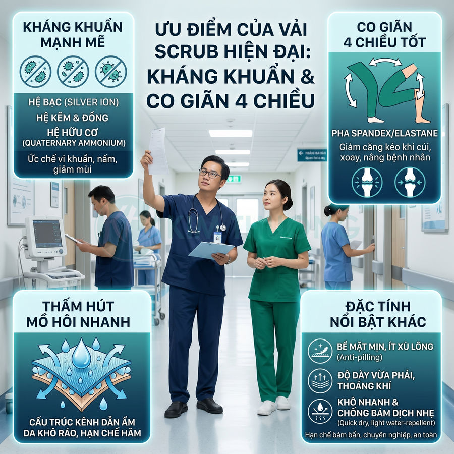 Bộ đồ scrub y tế hiện đại kháng khuẩn, co giãn 4 chiều, thấm hút mồ hôi nhanh cho bác sĩ và y tá trong bệnh viện