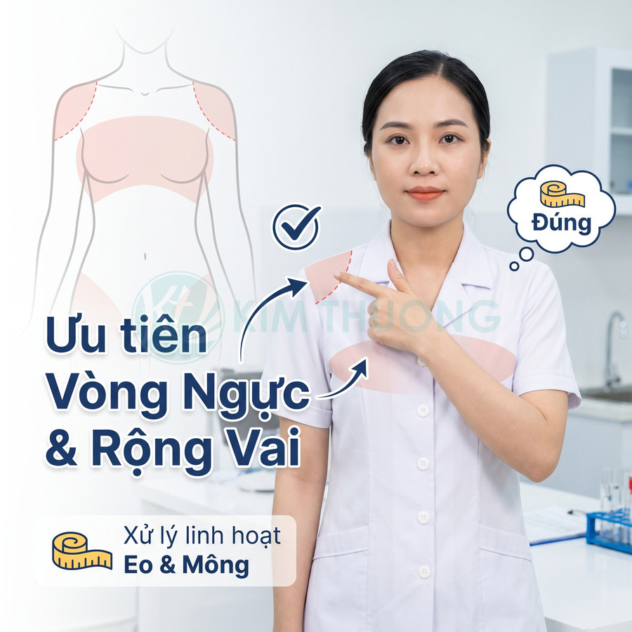 Nhân viên tư vấn chỉ vùng ngực và vai, hướng dẫn ưu tiên vòng ngực rộng vai và linh hoạt vòng eo mông
