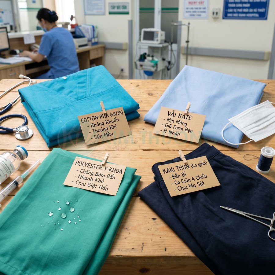 Các loại vải may đồng phục y tế cotton pha, kate, polyester, kaki thun bày trên bàn trong phòng khám