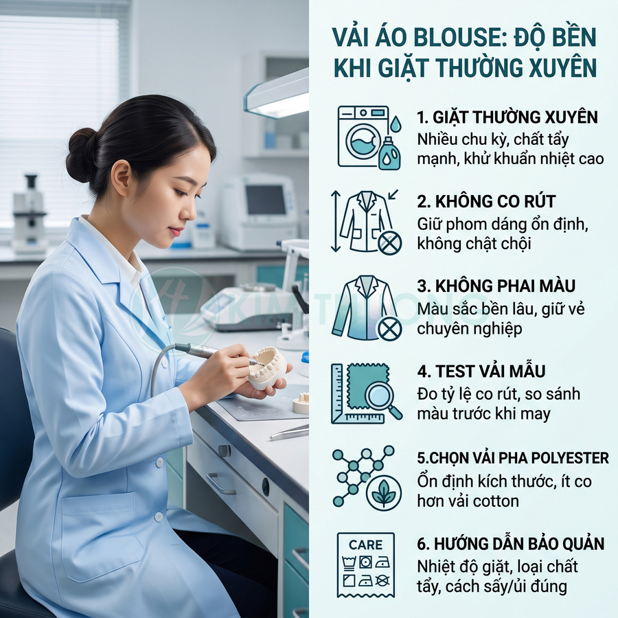 Nữ kỹ thuật viên mặc áo blouse xanh làm việc trong phòng thí nghiệm, cạnh bảng thông tin độ bền vải áo blouse