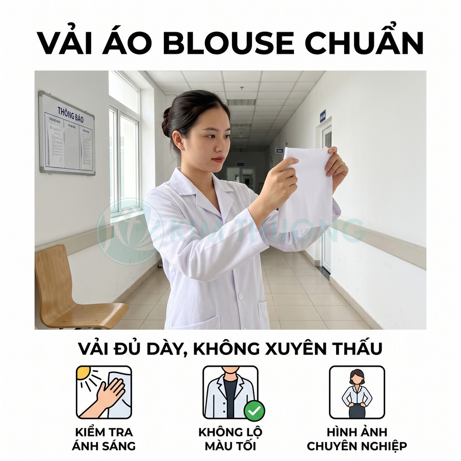 Nữ nhân viên y tế mặc áo blouse trắng kiểm tra chất vải dày không xuyên thấu trong hành lang bệnh viện