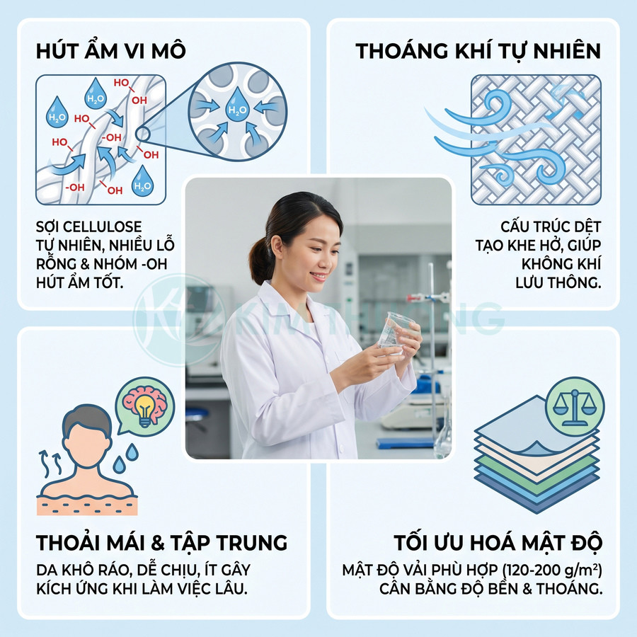 Vải sợi cellulose tự nhiên hút ẩm, thoáng khí và tạo cảm giác thoải mái khi mặc dài lâu