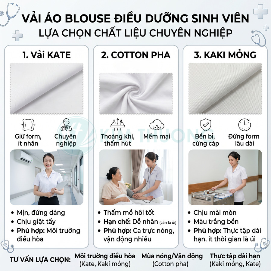 So sánh chất liệu vải áo blouse điều dưỡng sinh viên: kate, cotton pha và kaki mỏng màu trắng