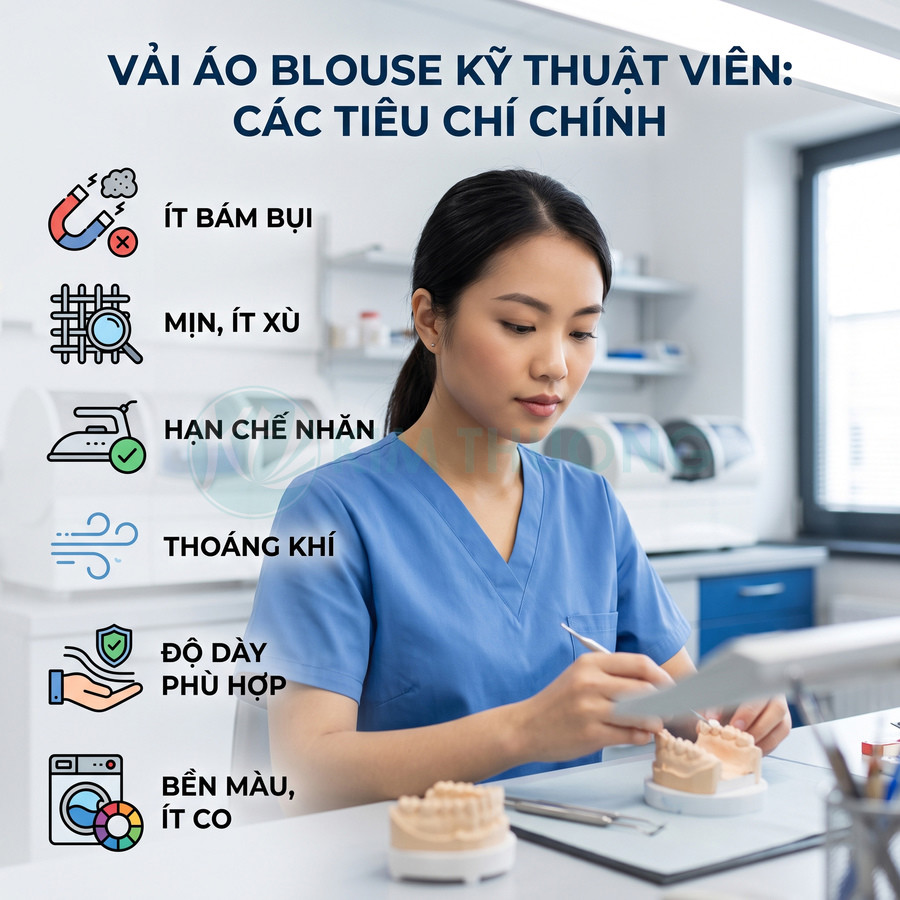Kỹ thuật viên nha khoa mặc áo blouse xanh làm việc trong phòng thí nghiệm, minh họa các tiêu chí chọn vải áo