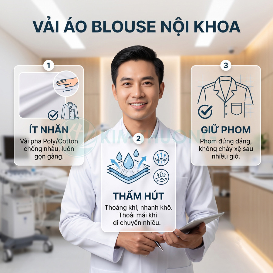 Bác sĩ nam mặc áo blouse nội khoa trắng, vải poly cotton ít nhăn, thấm hút tốt, giữ phom đứng dáng