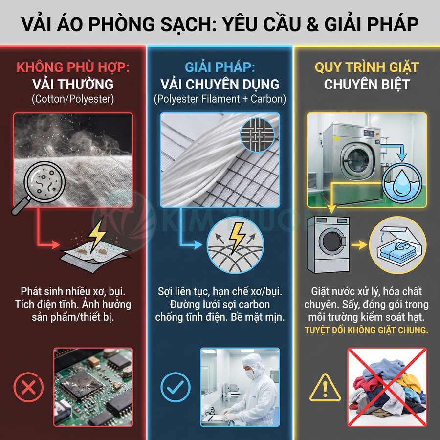 Vải áo phòng sạch polyester filament kết hợp sợi carbon, hạn chế xơ bụi và chống tĩnh điện