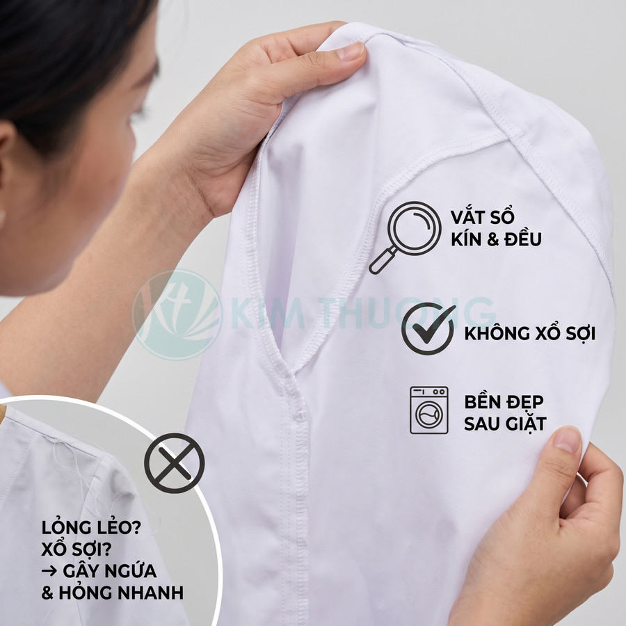 Áo trắng với đường may kín đều, không xù sợi và bền đẹp sau giặt