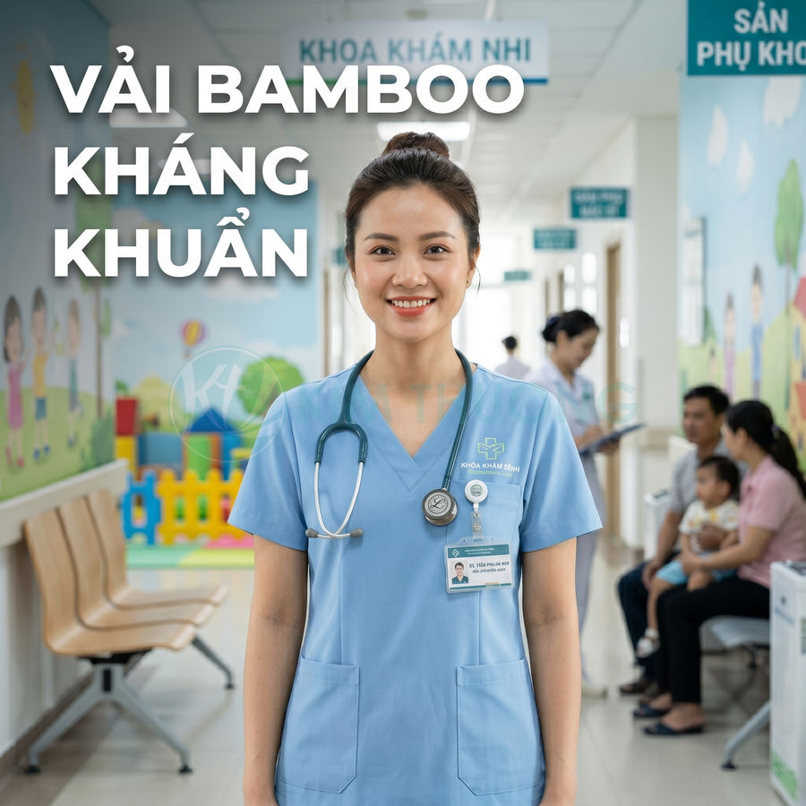 Đồng phục y tá vải bamboo kháng khuẩn màu xanh tại khoa khám bệnh nhi