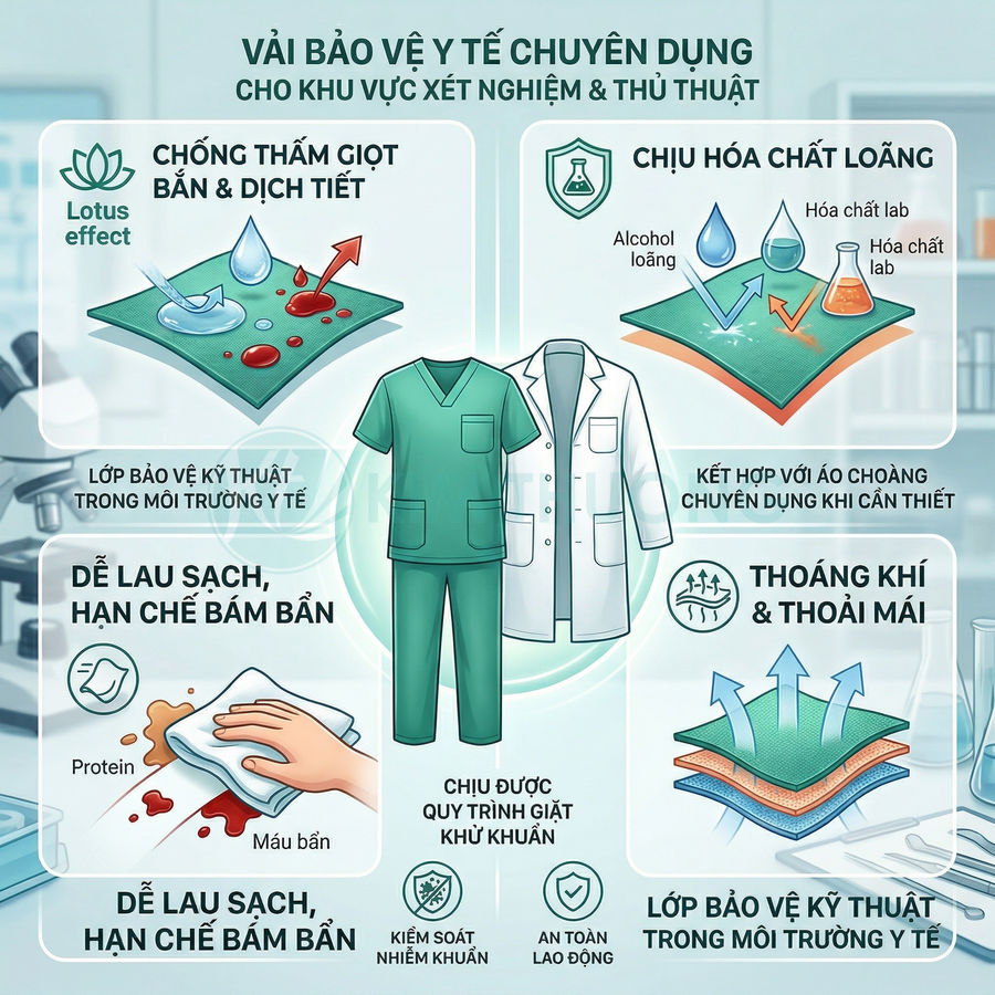 Đồng phục y tế chuyên dụng màu xanh và áo choàng trắng chống thấm, chịu hóa chất, dễ lau sạch, thoáng khí