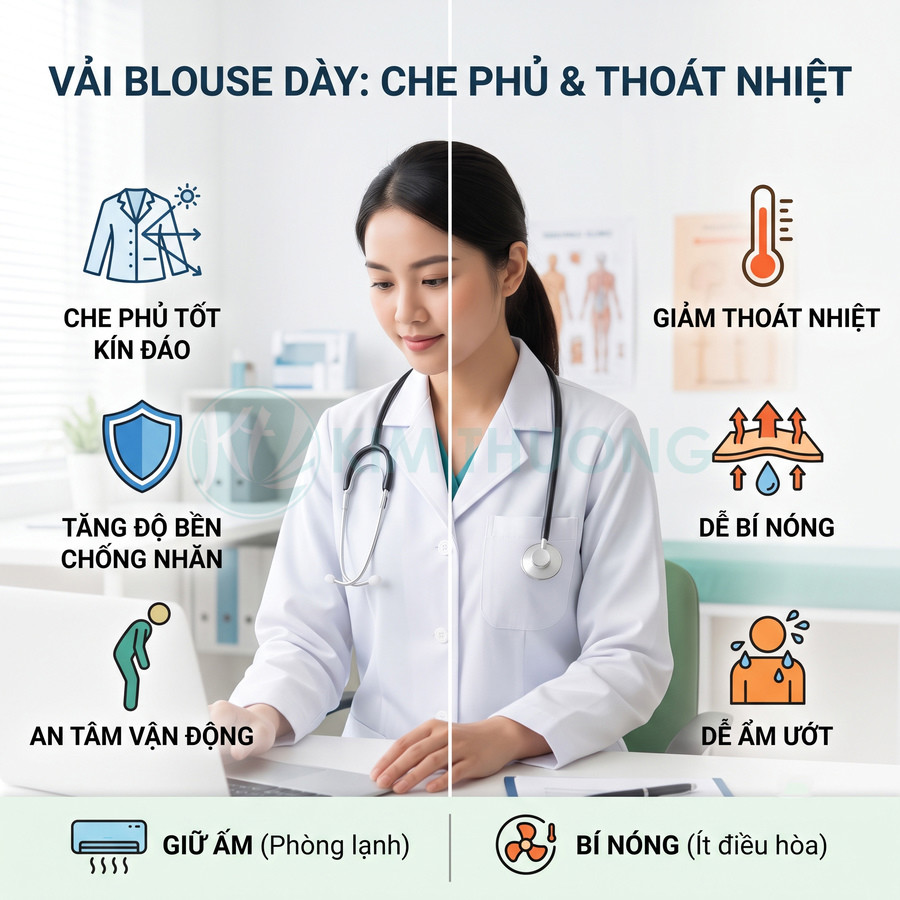 Áo blouse bác sĩ vải dày màu trắng, che phủ kín đáo, chống nhăn nhưng dễ bí nóng và ẩm ướt khi làm việc