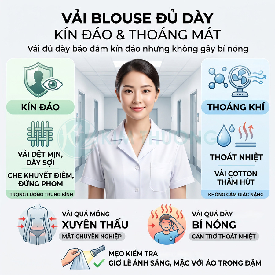 Nữ nhân viên y tế mặc áo blouse trắng vải dày kín đáo thoáng mát đứng trong hành lang bệnh viện