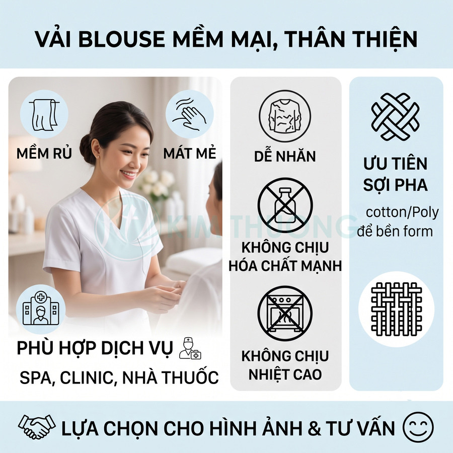 Đồng phục blouse spa màu trắng chất liệu mềm mát, phù hợp nhân viên spa, clinic, nhà thuốc