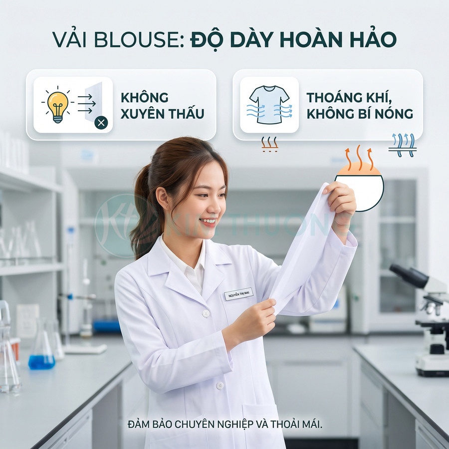 Áo blouse phòng thí nghiệm vải dày không xuyên thấu, thoáng khí, nữ dược sĩ mặc và kiểm tra chất liệu