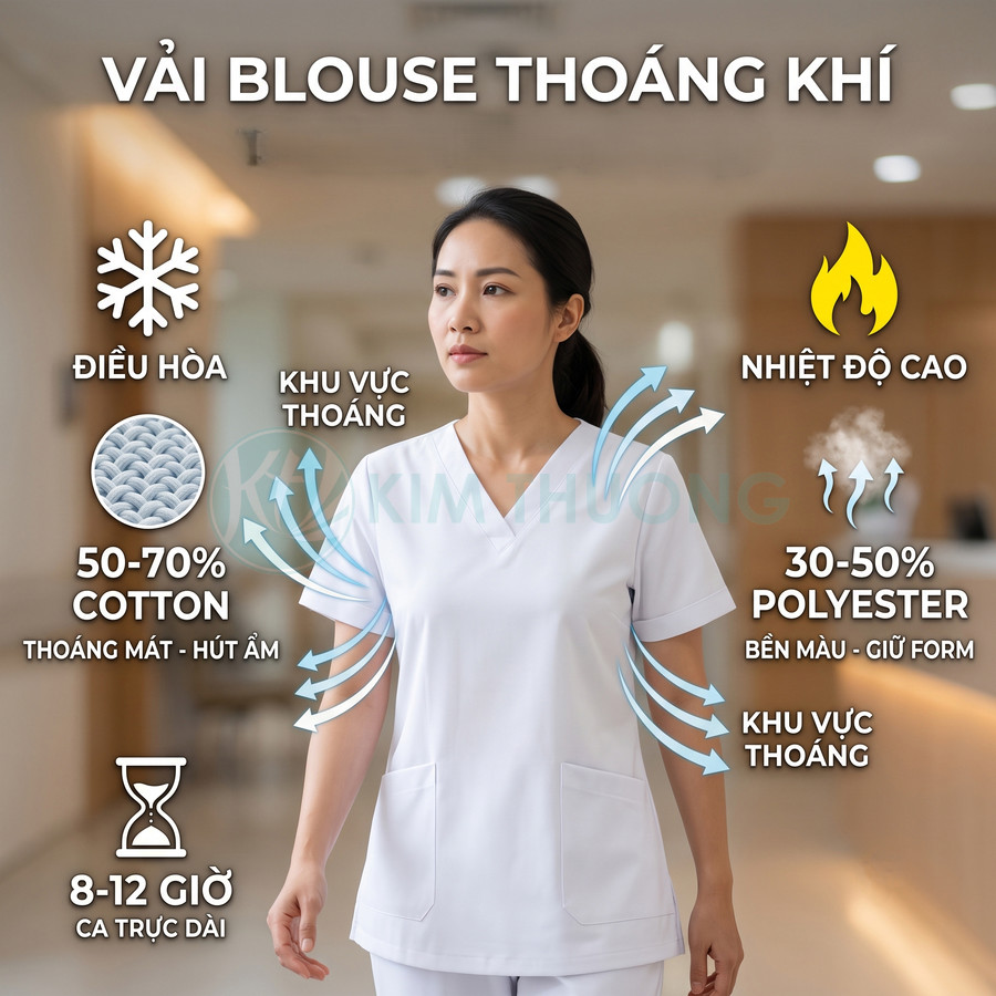 Nữ nhân viên y tế mặc áo blouse trắng vải thoáng khí cotton polyester phù hợp ca trực dài