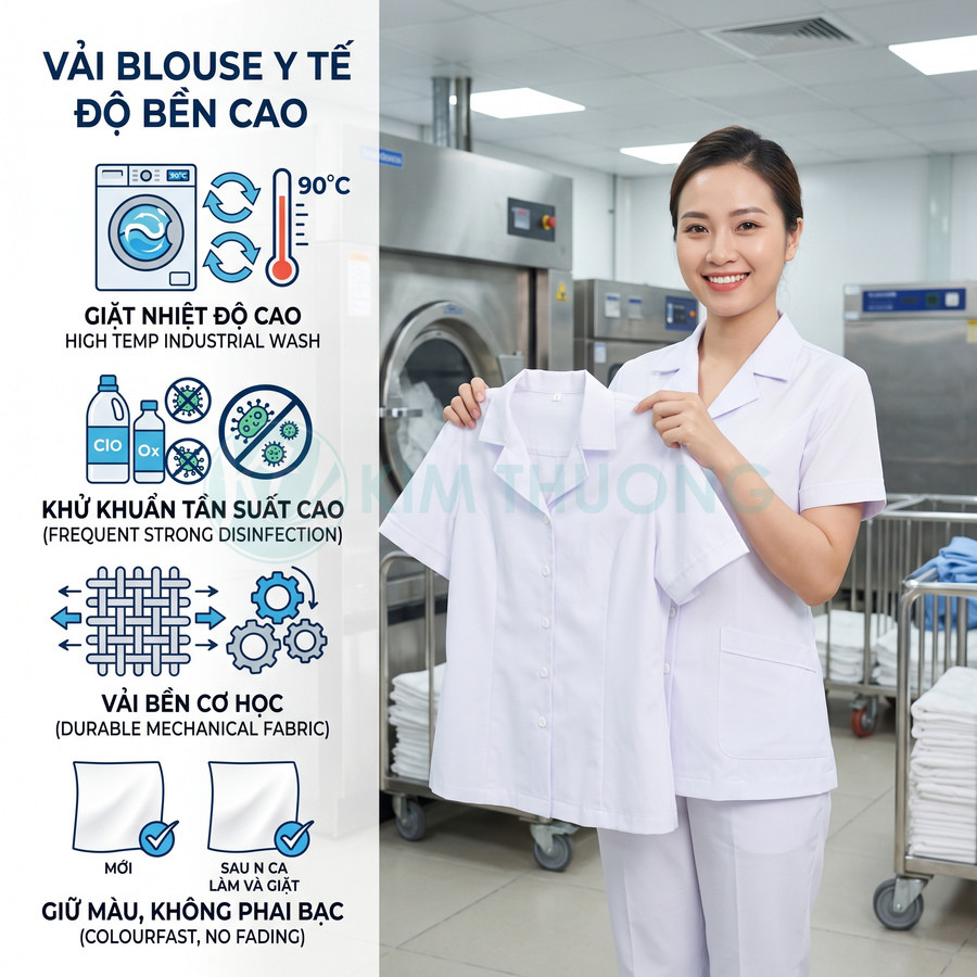 Đồng phục blouse y tế màu trắng, vải bền, giữ màu tốt, nữ nhân viên cầm áo trong phòng giặt bệnh viện