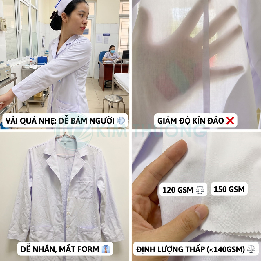 Áo blouse y tế vải mỏng dưới 140 GSM dễ bám người, giảm độ kín đáo và nhăn mất form